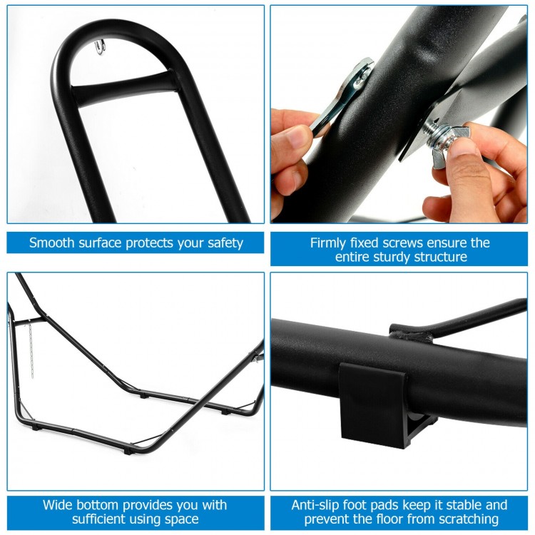 Heavy-duty steel hammock frame with adjustable chains and s-hooks, suitable for indoor and outdoor use.