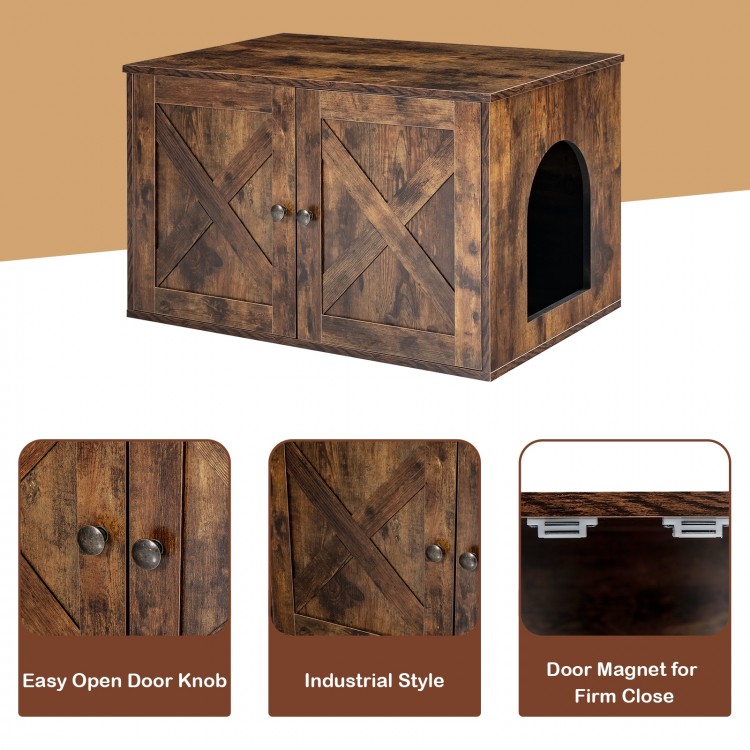Wooden hidden cabinet cat furniture with double doors, retro design, and spacious top for storage and display.