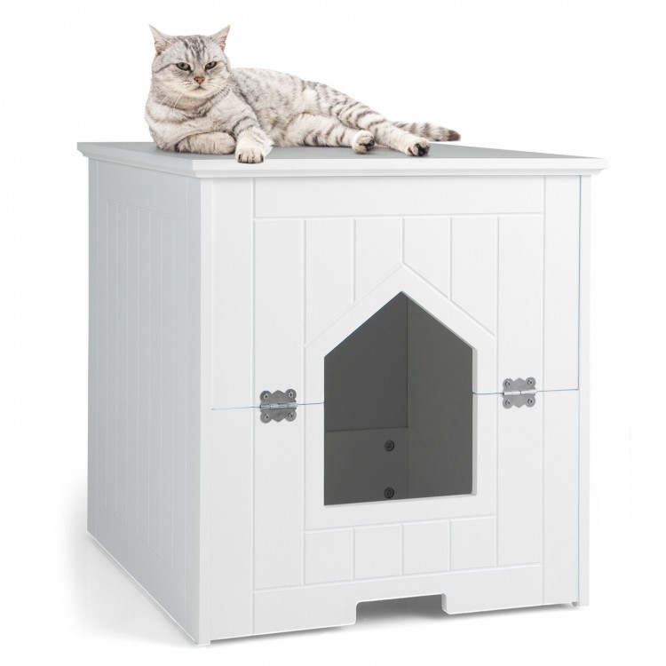 Cat litter box enclosure in white with flip magnetic half door, spacious tabletop for decor, and private space for cats.
