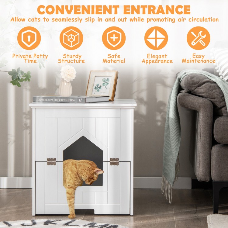 Cat litter box enclosure in white with flip magnetic half door, providing a private space for cats and a decorative.