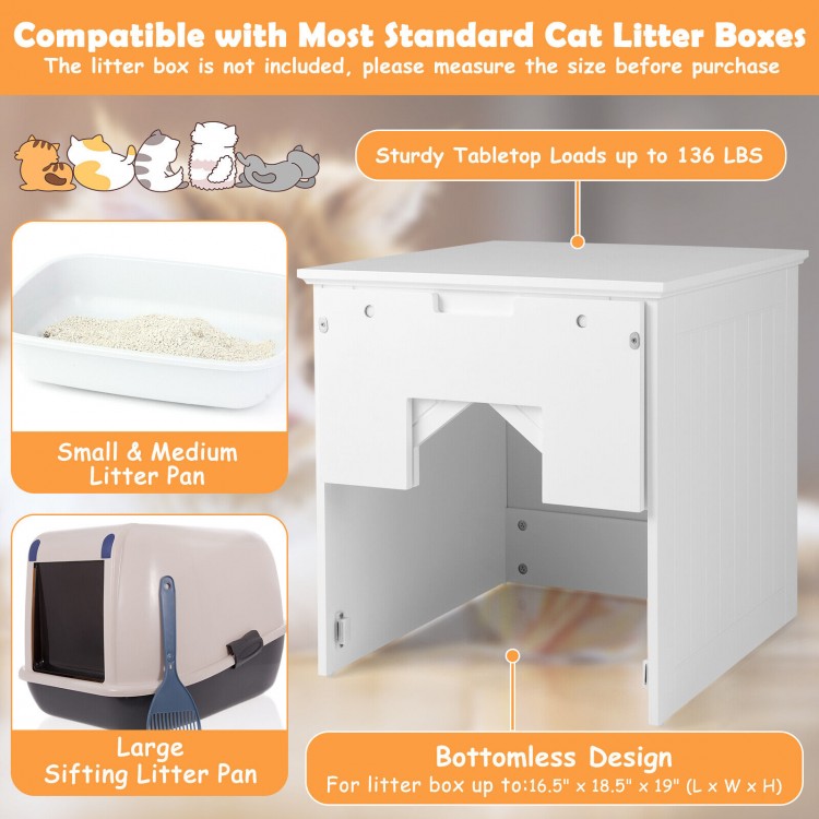 Cat litter box enclosure in white with flip magnetic half door, 19" x 20" x 20", for a private space for cats.