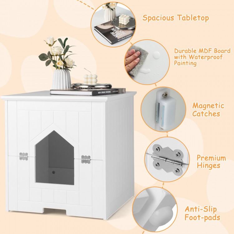 Cat litter box enclosure in white with flip magnetic half door, spacious tabletop for decor, and durable MDF.