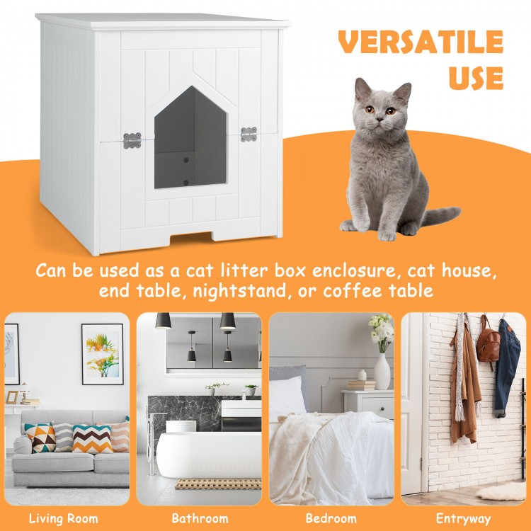 Cat litter box enclosure in white with flip magnetic half door, suitable as a nightstand or end table for versatile use.