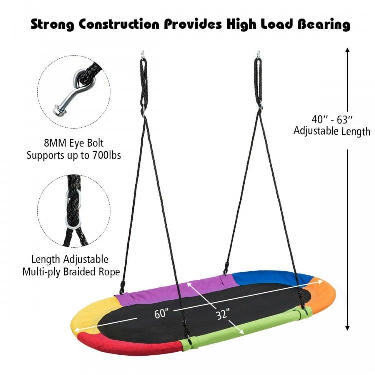 Multicolor 60-inch saucer swing with adjustable height, sturdy construction, and 700lbs capacity for outdoor fun.