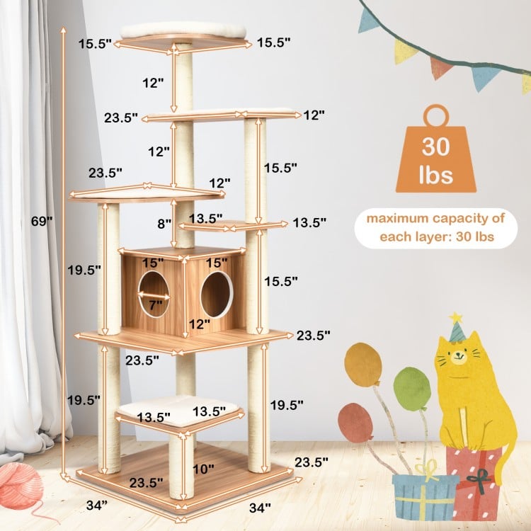 7-layer wooden cat tree with sisal posts, featuring a condo and removable mats, perfect for climbing and scratching.