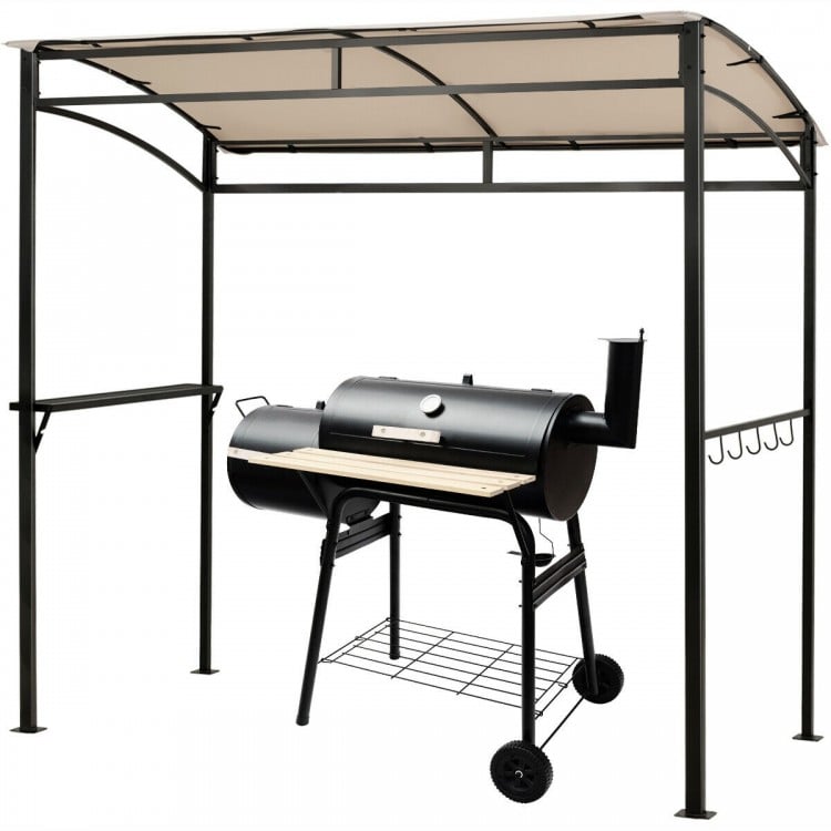 Arch canopy grill gazebo with powder-coated steel frame, featuring 5 hooks for easy storage, perfect for outdoor BBQs.
