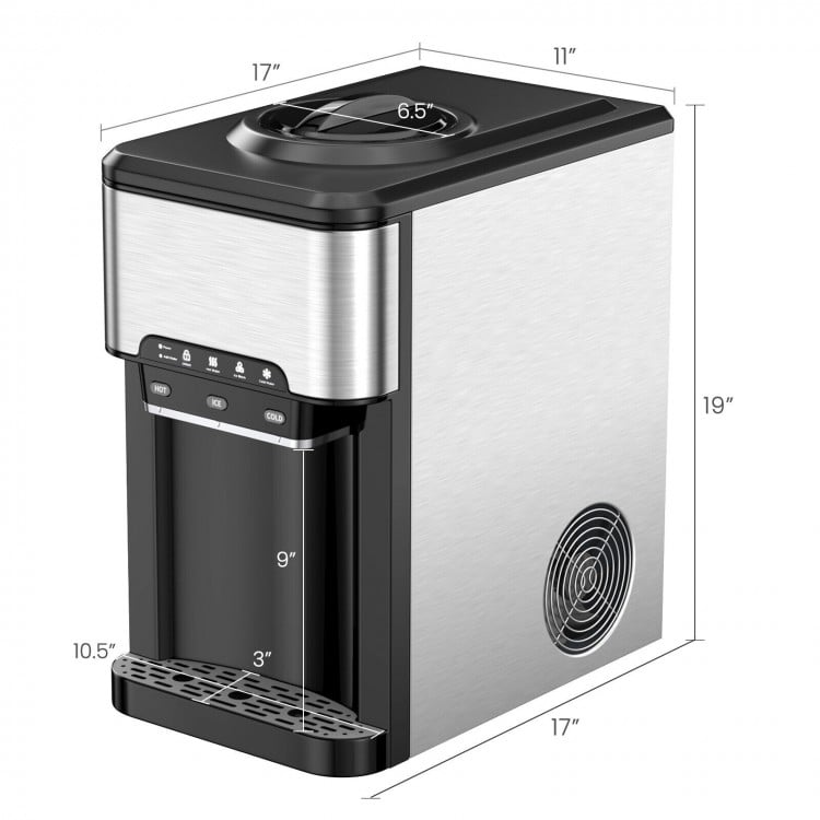 3-in-1 water cooler dispenser with built-in ice maker, stainless steel finish, ideal for countertop use.