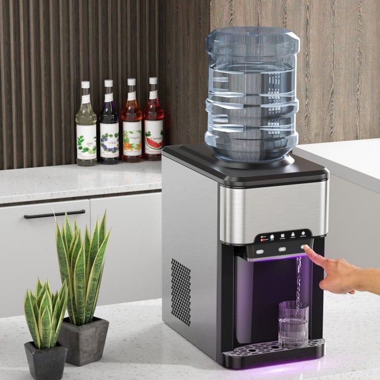 Water cooler dispenser with built-in ice maker, featuring a child lock for safe hot water dispensing and removable drip.