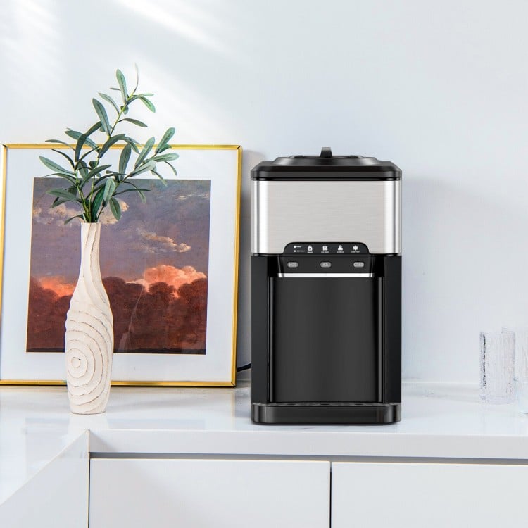 3-in-1 water cooler dispenser with built-in ice maker, featuring stainless steel body and intuitive control panel for.