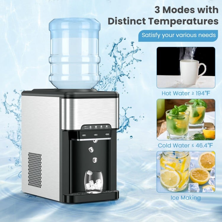 3-in-1 water cooler dispenser with built-in ice maker, featuring hot and cold water settings, ideal for countertop use.