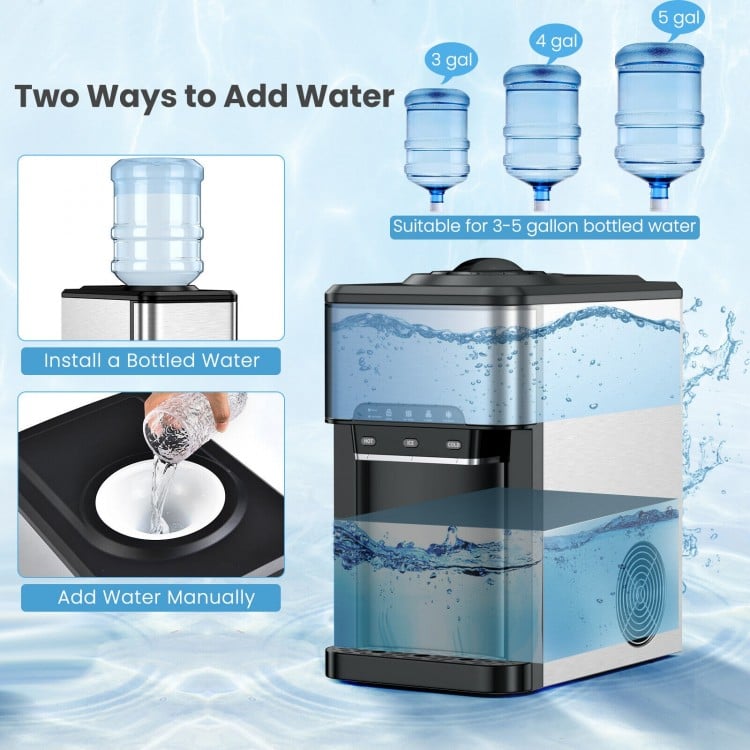 3-in-1 water cooler dispenser with built-in ice maker, suitable for 3-5 gallon bottles, featuring easy manual refill.