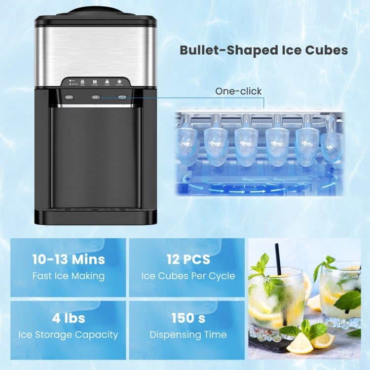 3-in-1 water cooler dispenser with built-in ice maker, stainless steel body, and 4 lbs ice storage capacity for.