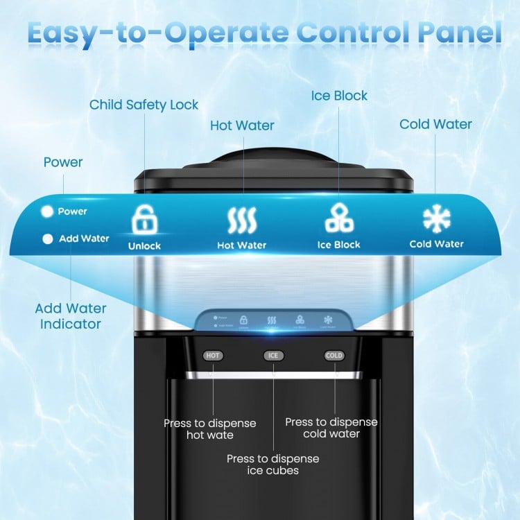 Control panel of the 3-in-1 water cooler dispenser with hot, cold, and ice settings for easy operation.