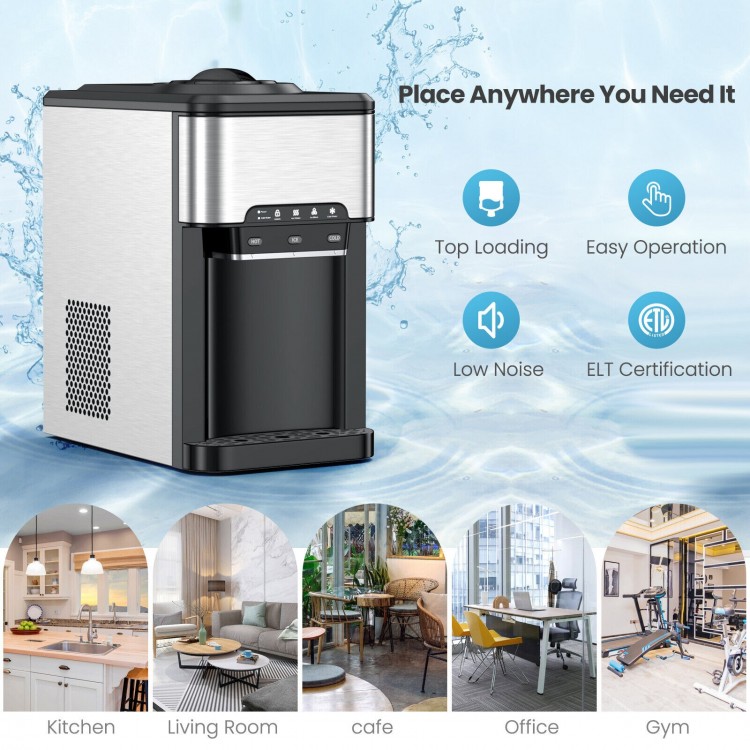 3-in-1 water cooler dispenser with built-in ice maker, silver finish, ideal for home or office use.