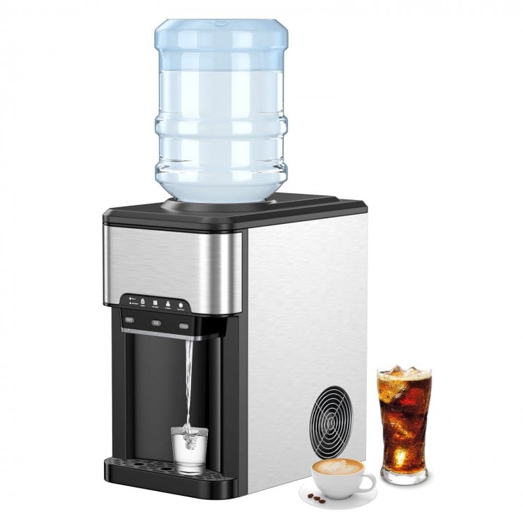 3-in-1 water cooler dispenser with built-in ice maker, stainless steel body, and intuitive controls for hot and cold.