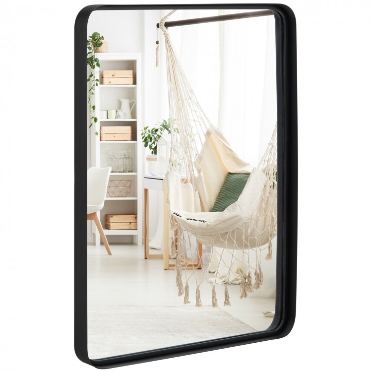 Rectangular wall mount mirror with solid steel frame, showcasing a hanging hammock in a bright living space.