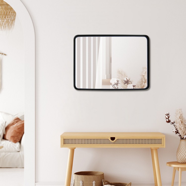 Rectangular wall mount bathroom mirror with solid steel frame, suitable for vertical or horizontal hanging in any room.