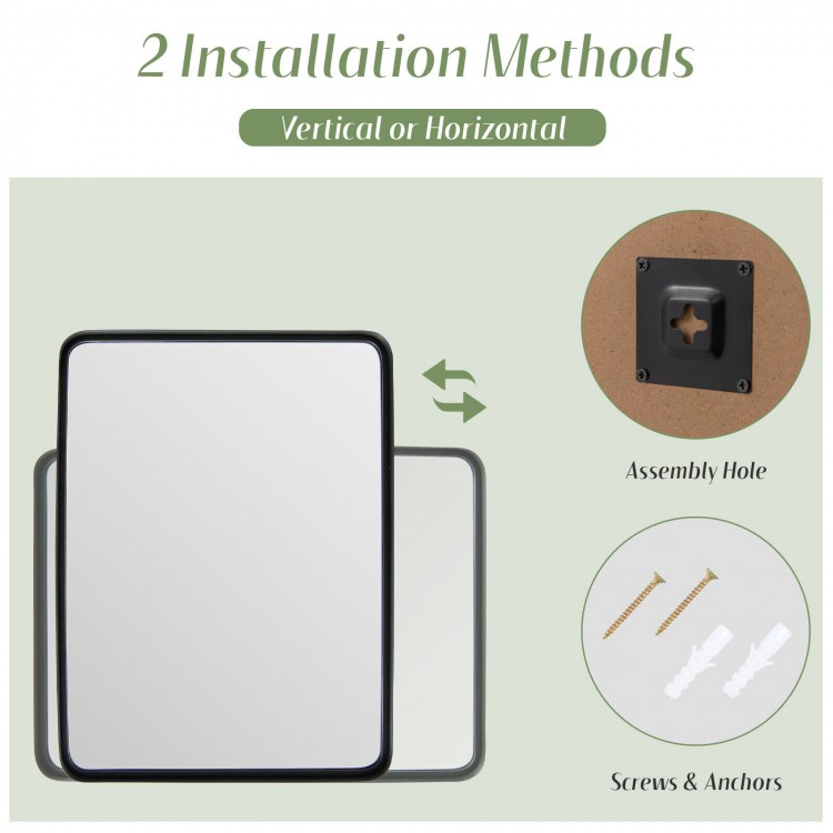 Rectangular wall mount bathroom mirror with solid steel frame, suitable for vertical or horizontal installation.