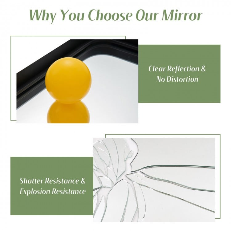 Close-up of the rectangular wall mount bathroom mirror showcasing clear reflection and shatter resistance for safe use.