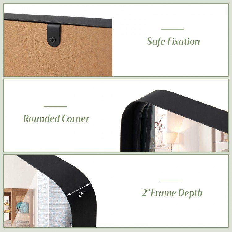 Detail of the rectangular wall mount bathroom mirror showing the rounded corner and 2" frame depth for safe fixation.