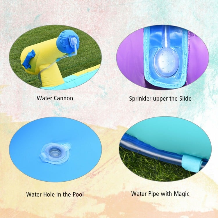 Water cannon and sprinkler features of the Inflatable Water Park Mighty Bounce House with Pool for summer fun.