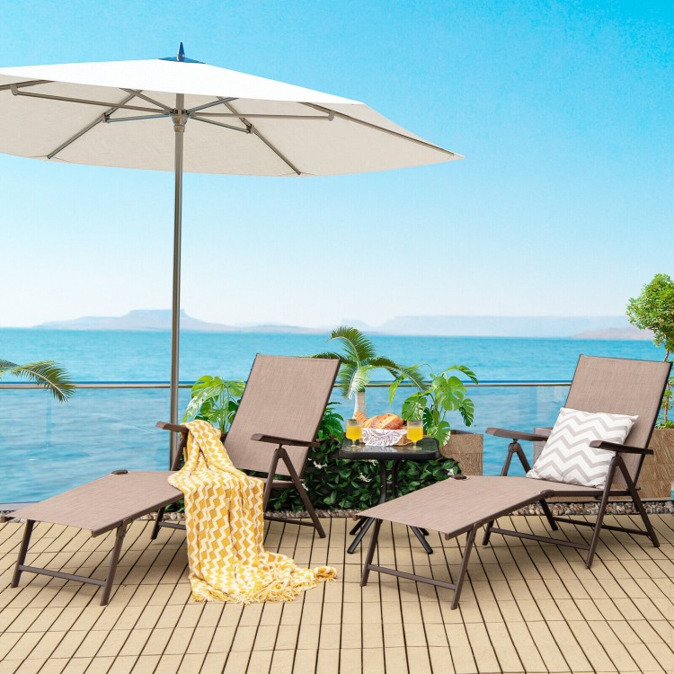 Foldable brown chaise lounge chair with adjustable backrest and footrest, perfect for poolside relaxation.