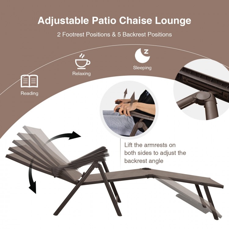 Adjustable brown chaise lounge chair with 5 backrest positions and 2 footrest positions, perfect for outdoor relaxation.