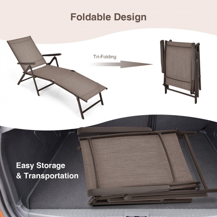 Foldable chaise lounge chair in brown with adjustable backrest and footrest, ideal for easy storage and outdoor.