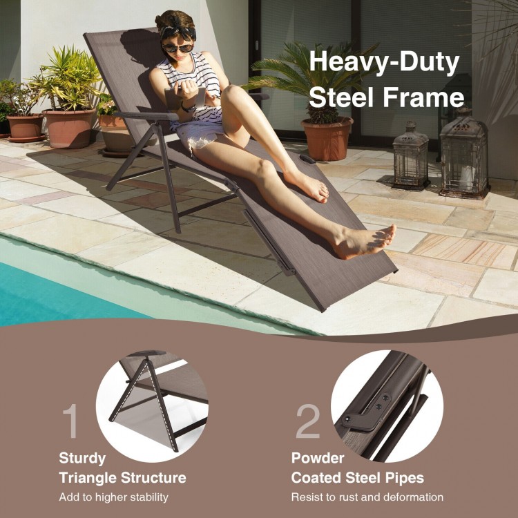 Foldable chaise lounge chair with adjustable backrest and footrest, made of breathable fabric and sturdy steel frame.