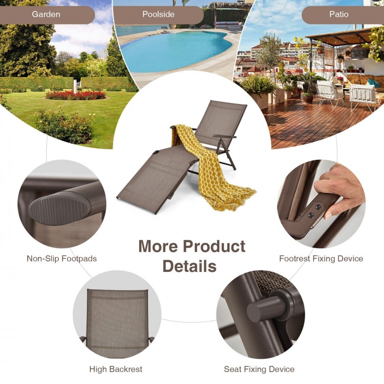 Foldable chaise lounge chair in brown with adjustable backrest and footrest, perfect for poolside relaxation.