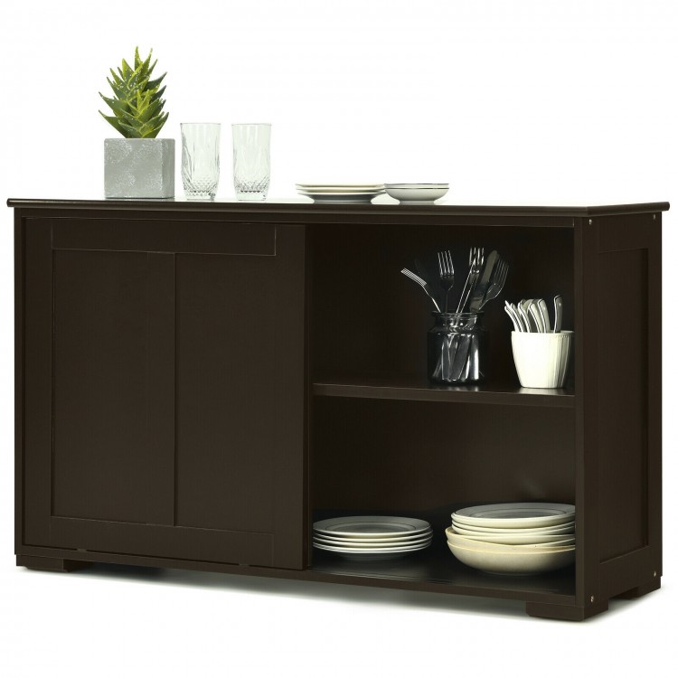 Kitchen storage cabinet with wood sliding doors, featuring spacious top and shelves for kitchen organization and.