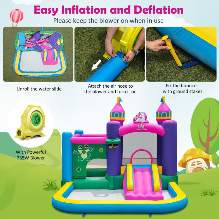 Unicorn-themed 6-in-1 inflatable bounce house with slide and basketball rim, includes 735W blower for easy setup.