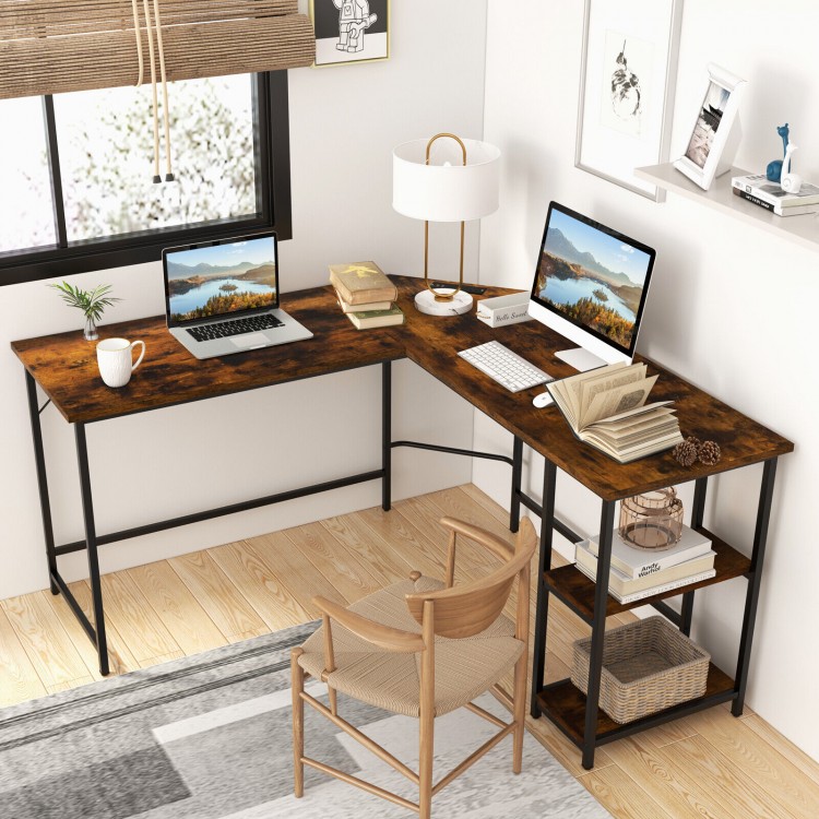 L-shaped computer desk in brown with carbon steel frame, featuring 2 AC outlets, 2 USB ports, and a shelf for storage.