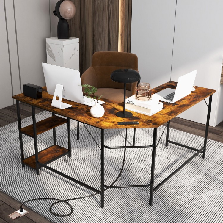 L-shaped computer desk in brown with carbon steel frame, featuring 2 outlets, 2 USB ports, and a shelf for storage.