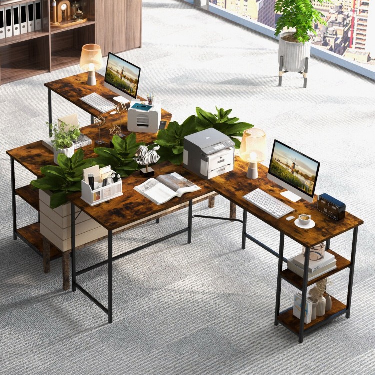 L-shaped computer desk in brown with carbon steel frame, featuring 2 outlets, 2 USB ports, and ample workspace for.