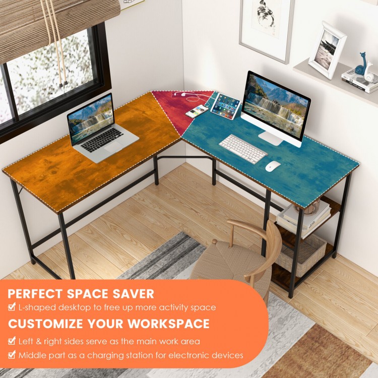 L-shaped computer desk in brown with charging station, 2 AC outlets, and 2 USB ports for efficient workspace.