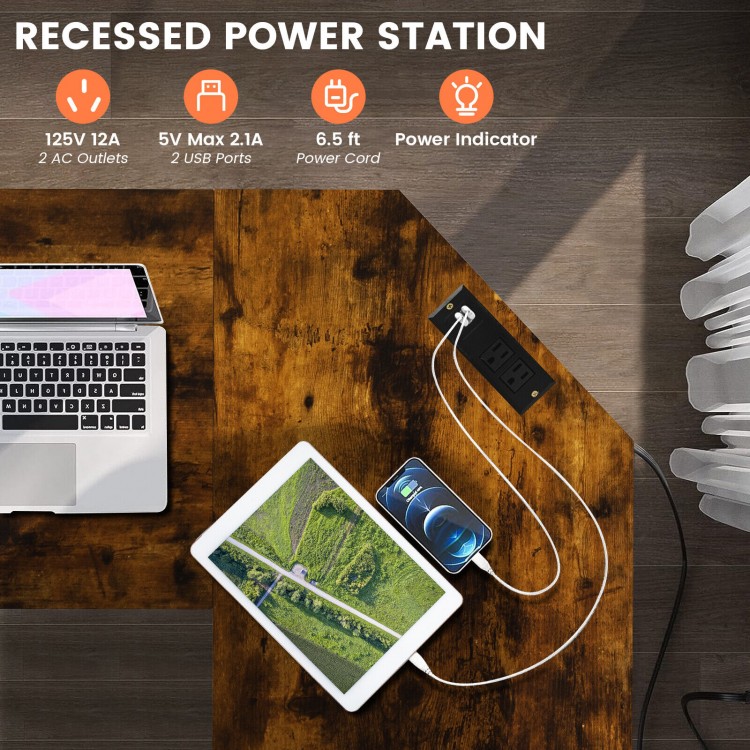 L-shaped computer desk in brown with 2 AC outlets, 2 USB ports, and a recessed power station for efficient charging.