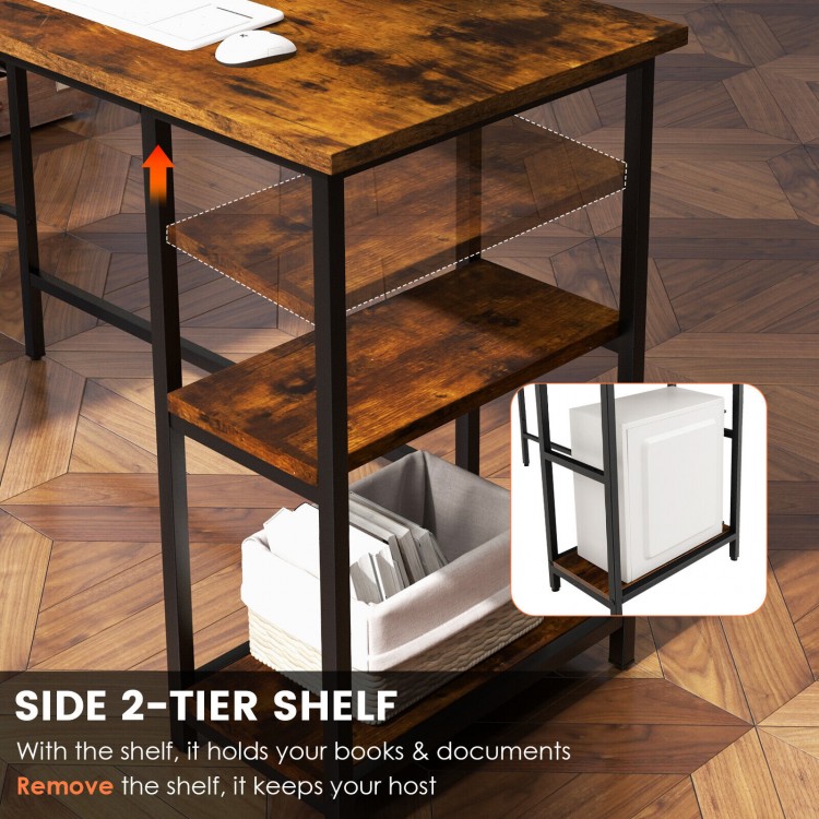 L-shaped computer desk with a 2-tier shelf, brown finish, featuring a carbon steel frame and charging station for.