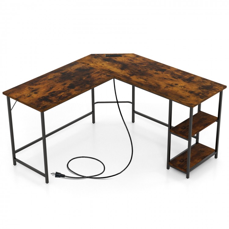 L-shaped computer desk in brown showcasing the rustic finish and sleek carbon steel frame with integrated charging.