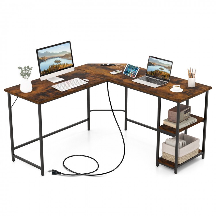 L-shaped computer desk in brown with 2 AC outlets, 2 USB ports, and a shelf for efficient workspace organization.