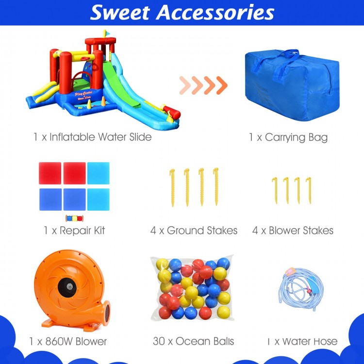 Inflatable water slide bounce house accessories including repair kit, stakes, blower, and carrying bag for easy setup.