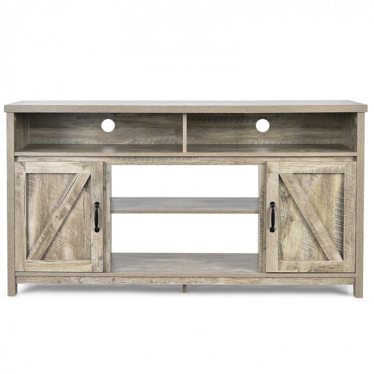 Natural 59-inch TV stand with barn doors and cable management holes, perfect for organizing media equipment in any room.
