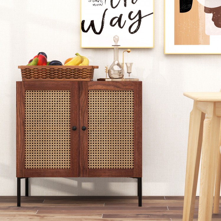 Walnut kitchen sideboard with 2 rattan doors, adjustable shelf, and sturdy metal legs, perfect for dining or entryway.