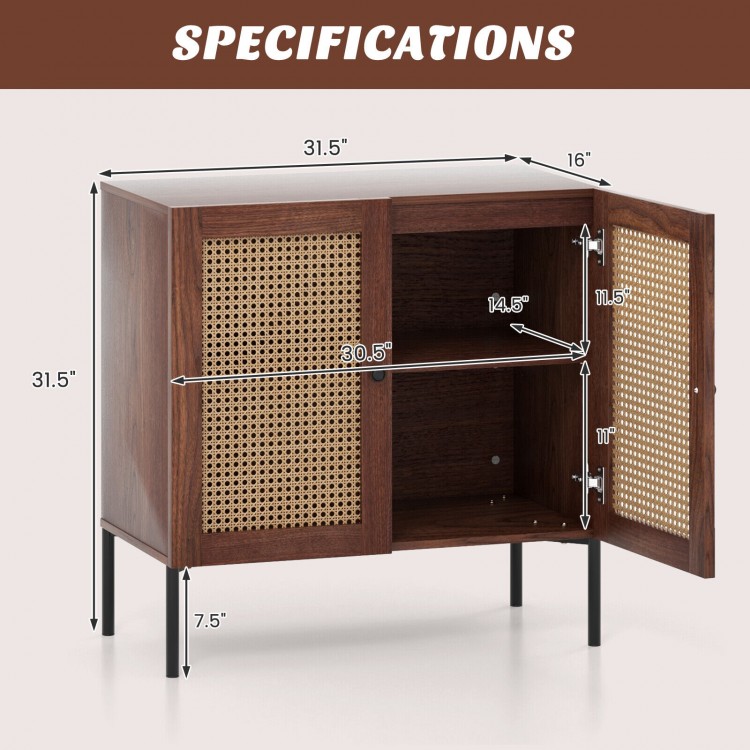 Walnut kitchen sideboard with 2 rattan doors, adjustable shelf, and metal legs for stability, ideal for dining or.