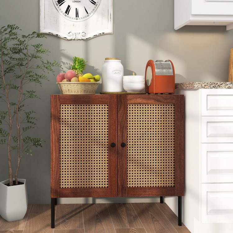 Walnut kitchen sideboard with 2 rattan doors, adjustable shelf, and metal legs, perfect for dining or entryway storage.