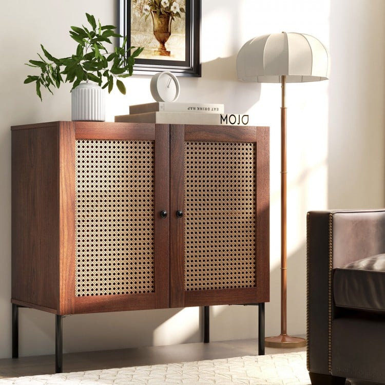 Walnut kitchen sideboard with 2 rattan doors, adjustable shelf, and metal legs, perfect for living room or dining room.