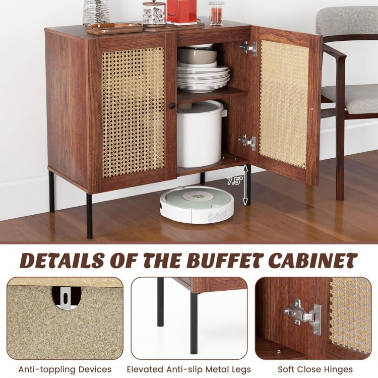 Kitchen sideboard with 2 rattan doors, adjustable shelf, and anti-toppling device for versatile storage and stability.