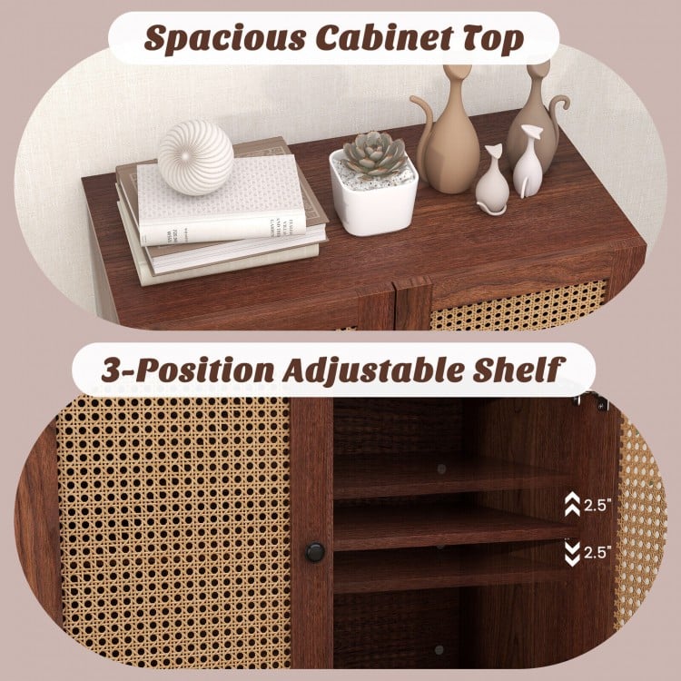 Spacious walnut cabinet top with 2 rattan doors and 3-position adjustable shelf for versatile kitchen storage.