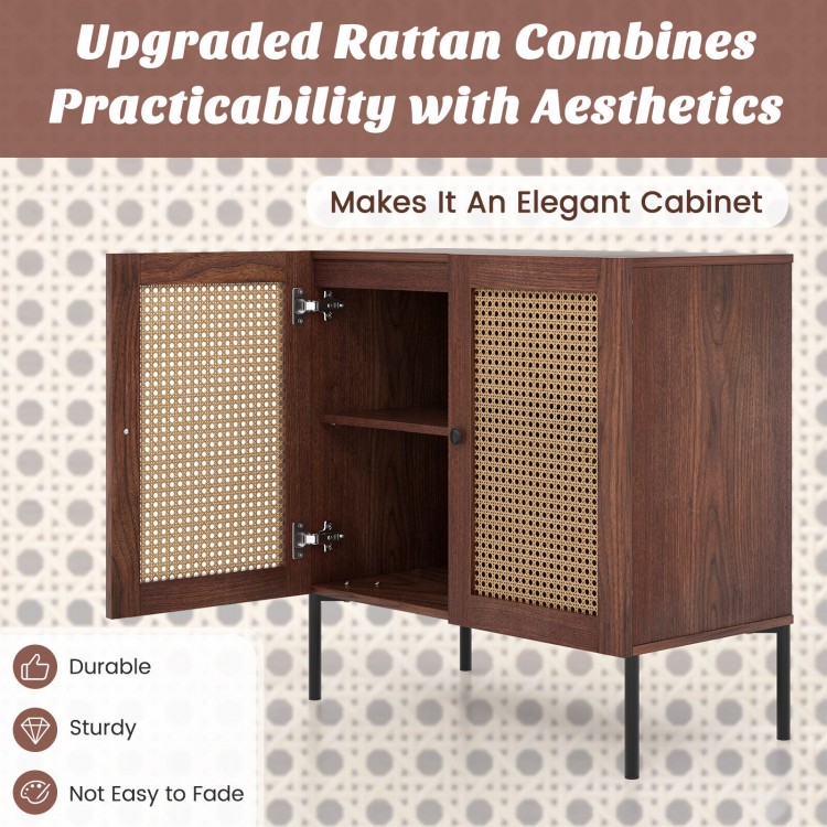 Walnut kitchen sideboard with 2 rattan doors, adjustable shelf, and sturdy metal legs for versatile storage solutions.
