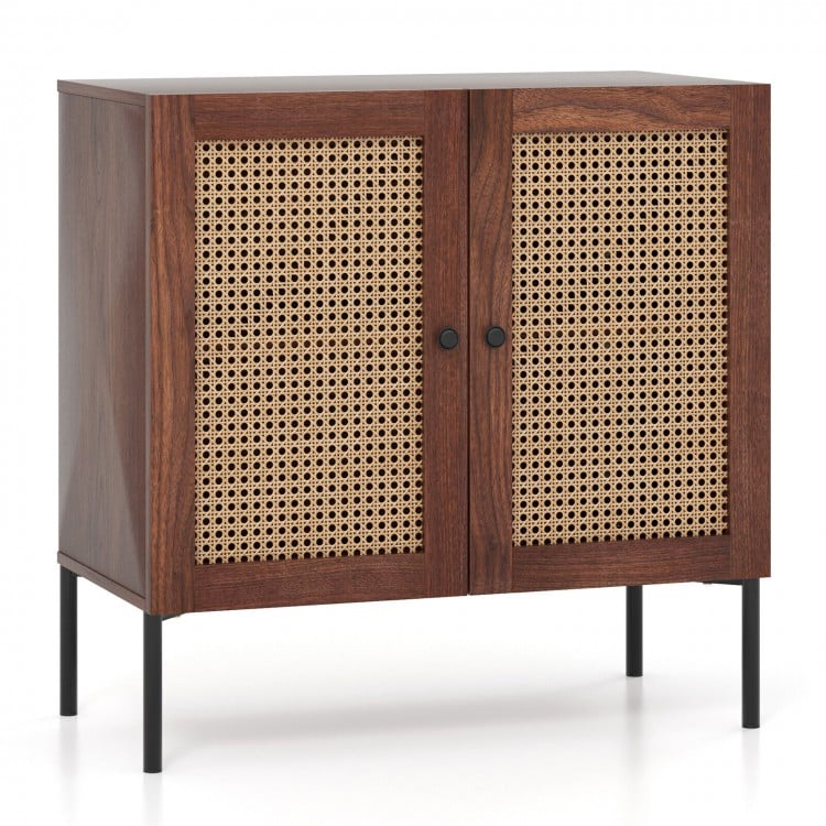 Walnut kitchen sideboard featuring a textured rattan door design, anti-toppling device, and sleek metal legs for.